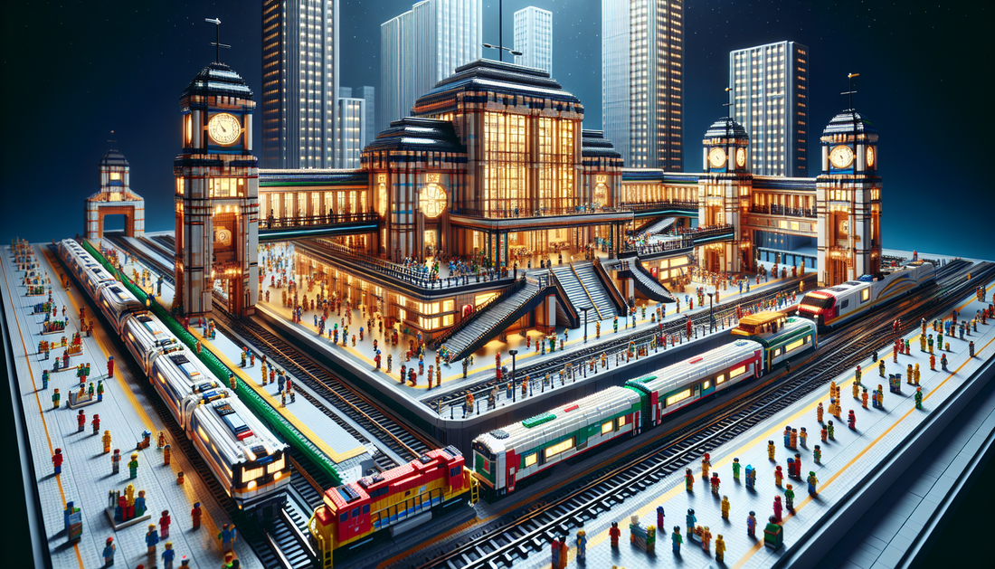 Explore the intriguing world of construction blocks: get a closer look at a giant playset resembling an urban transportation hub. The set boasts numerous components mimicking real-life structures -- a