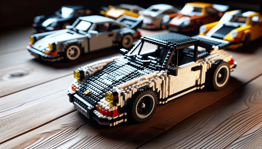 Discovering a miniature model of a classic car made from interlocking plastic bricks. The specific vehicle built with these small, brightly colored building blocks is designed to mimic a 911 model fro