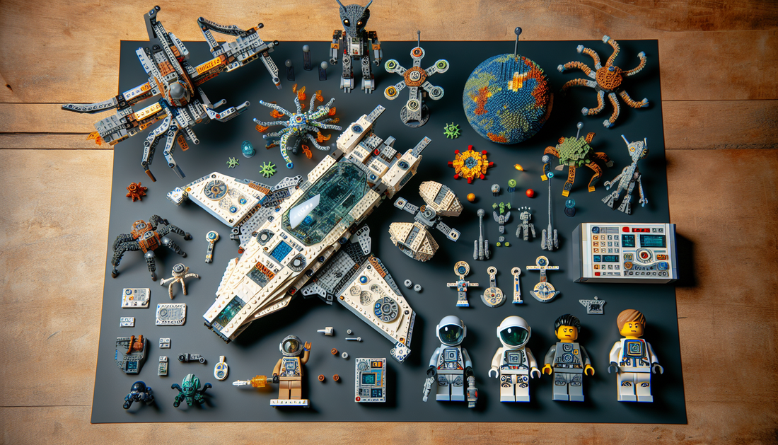 Design a concept of a brick-based, space-themed construction set for exploration. It includes figurines of an astronaut, an android and an extraterrestrial creature, along with an intricate spacecraft