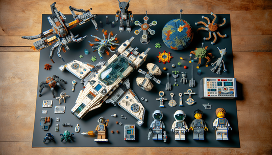 Design a concept of a brick-based, space-themed construction set for exploration. It includes figurines of an astronaut, an android and an extraterrestrial creature, along with an intricate spacecraft