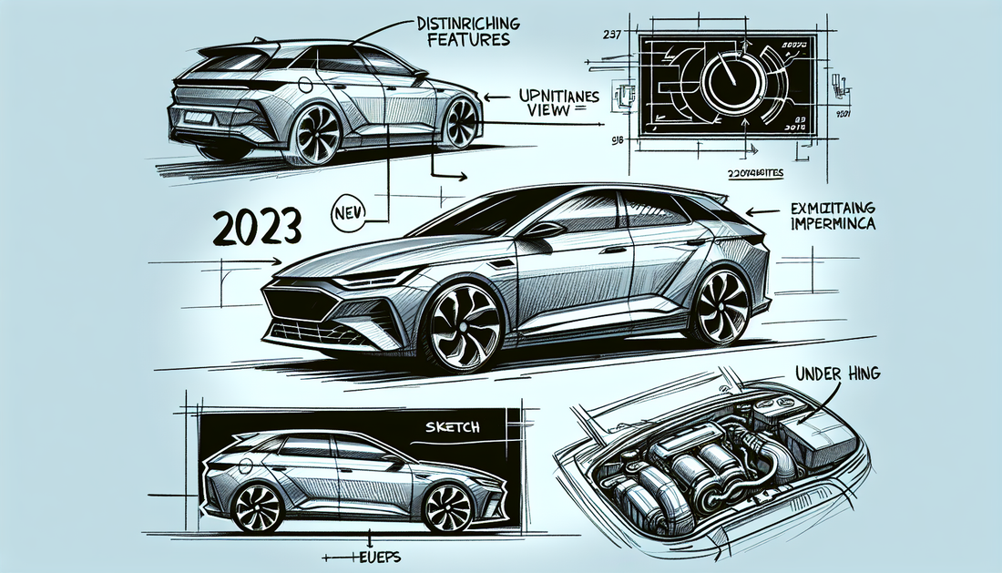 Visual exploration of a 2023 model car with similar characteristics to a compact automobile. Highlight the distinguishing features, updates made in the 2023 model, and a symbolic representation of the