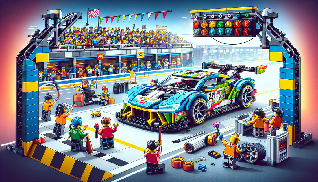 Create an image of a lego model that's inspired by a sporty racing car with elements hinting at speed, style, and fun. The lego model is vibrant, detailed with cool accessories like extended wheelbase