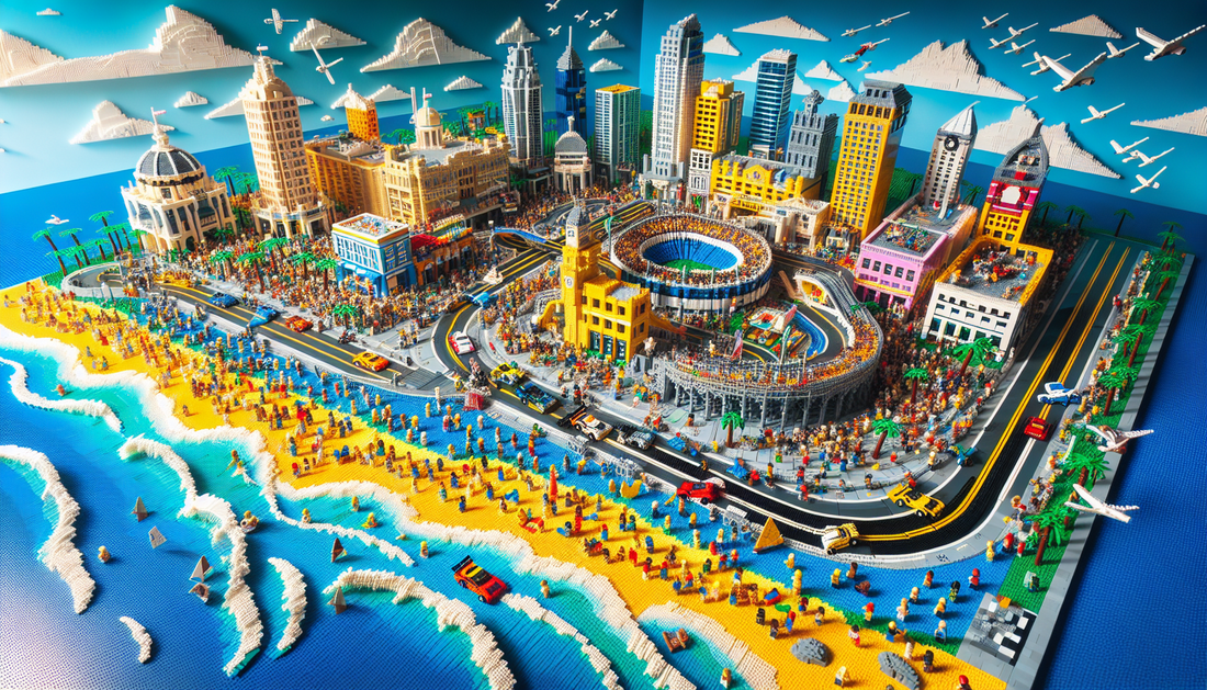 An imaginative scene built entirely of LEGO bricks, showcasing the highlights of Daytona. Some key elements to visualize include a beach scene with blue ocean waves crashing onto the shore and radiant