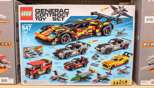 An in-depth review of a generic construction toy set. The set contains hundreds of small, interlocking bricks of various shapes and colors. The box displays a picture of a super sports car, a hot rod 