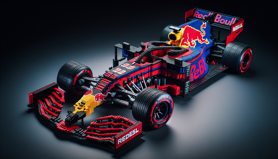An impressive car built with small, colorful, interlocking toy bricks. The design of the car is heavily influenced by Formula 1 vehicles, sporting a sleek and aerodynamic shape. It's dominated by a pr