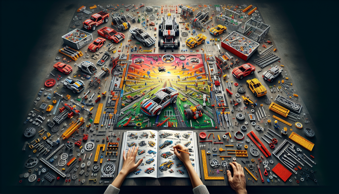 A captivating spectacle conveying the world of LEGO Technic. The introduction showcases an expansive table filled with various LEGO Technic components. Plastic gears, levers, beams, and pins are scatt