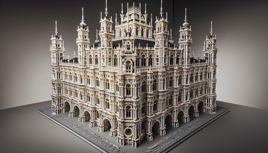 A detailed view of a large, iconic plastic brick assembly toy set, reminiscent of popular interlocking building blocks. The structure is vast, beautiful, and contains intricate architectural elements.