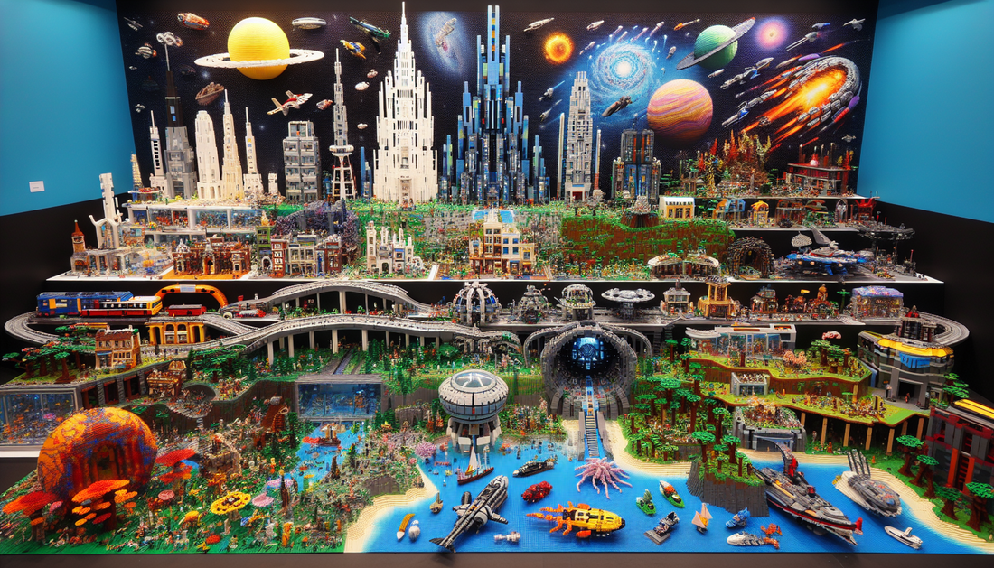 An imaginative world of custom brick constructions and limitless opportunities waiting to be explored. A landscape filled with unique, creative models made from interlocking plastic bricks, showcasing