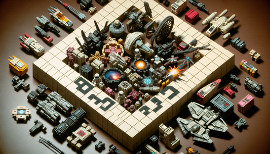 An image displaying a collection of interlocking blocks in the style of a popular space opera franchise. Blocks are in the shapes of characters, devices and starships, embodying an essence of futurism