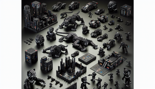 Generating an image of a collection of black interlocking plastic construction blocks with a panther theme. The set includes different blocks forming a panther-like model, as well as a black futuristi