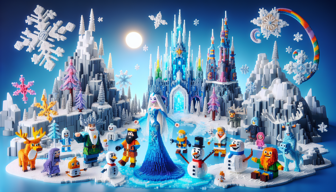 A fantasy arctic landscape made entirely out of colourful interlocking bricks, commonly used in children's construction toys. This frozen world is filled with creatively reimagined characters that emb