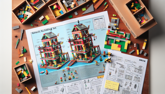An elaborate review of a generic brick-based building set number 60336. In the picture, there's an illustrated construction manual, a variety of colorful blocks, miniature figures, and a built structu