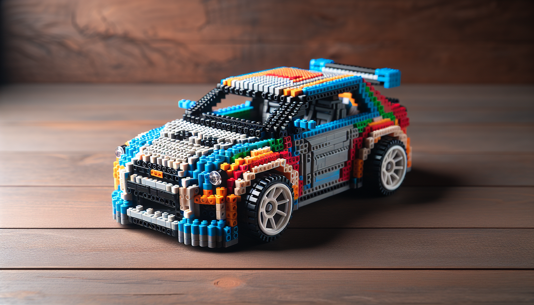 A wonderfully constructed toy car made from interlocking plastic blocks, exuding an aura of fun and enthusiasm for car aficionados. This toy vehicle is inspired by a popular Japanese car model, showca