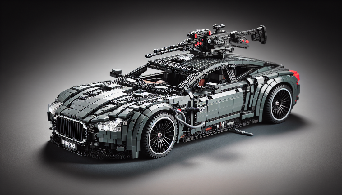 A buildable spy car modeled after a famous British luxury sports car brand, assembled using interlocking plastic bricks typically used in children's construction toys. It is meticulously detailed, wit