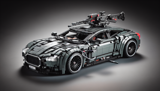 A buildable spy car modeled after a famous British luxury sports car brand, assembled using interlocking plastic bricks typically used in children's construction toys. It is meticulously detailed, wit