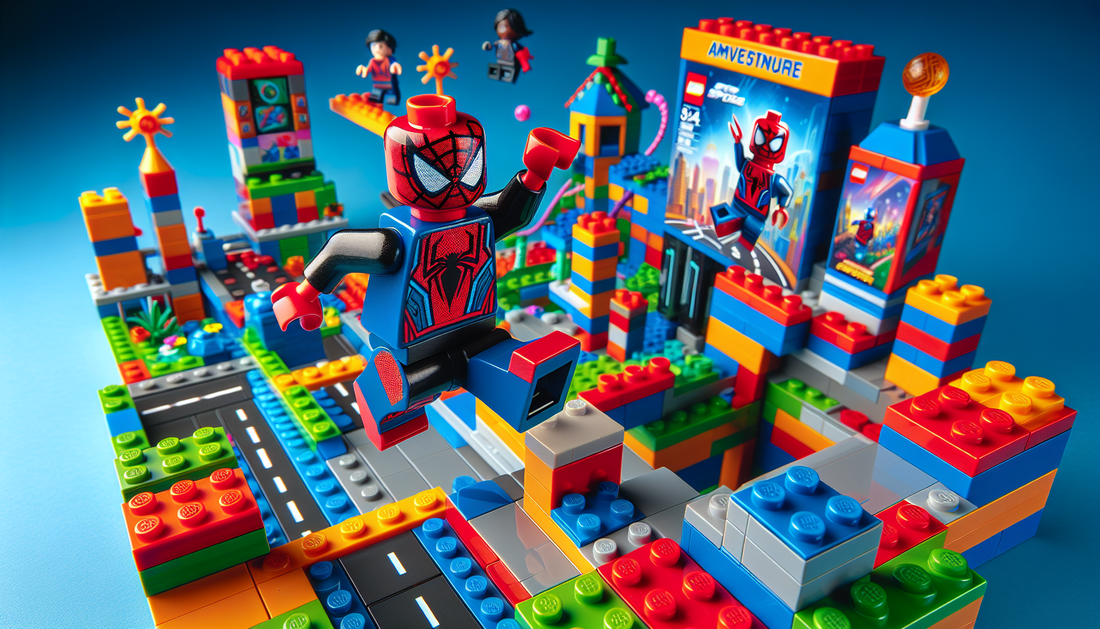 A thrilling LEGO adventure: Constructing amusement with your admired masked vigilante! A scene showcasing a mini-figure in a red and blue costume with a spider motif, effortlessly moving across a worl