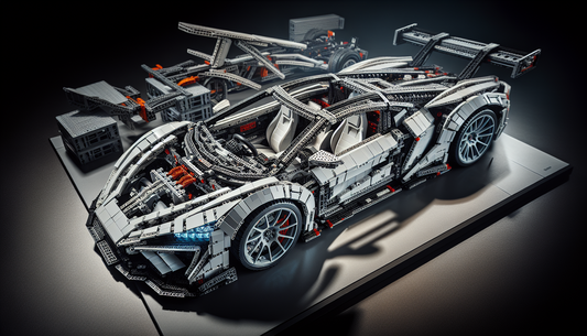 A meticulously designed and assembled model of a sleek sports car made from Lego Technic bricks. The structure showcases the intricate engineering of the vehicle, highlighting its aerodynamic contours