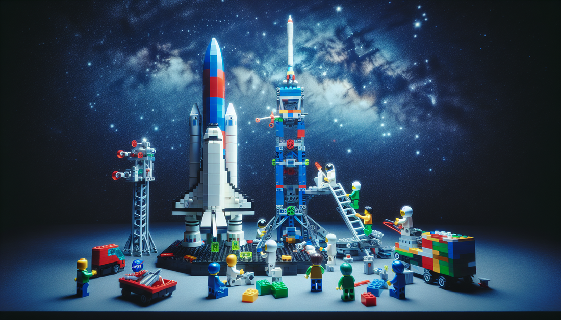 Imagine a creative scene setting of a Lego representation of NASA's space exploration. Picture it as a detailed scenario showcasing a rocket launch with vibrant and multicolored brick-built components