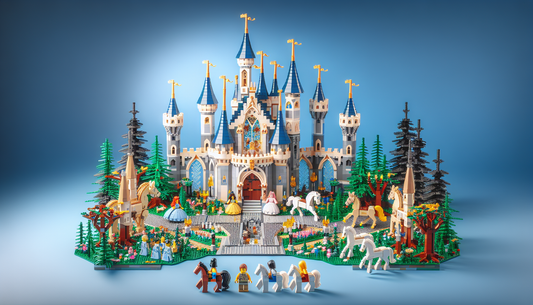 An image depicting a beautifully crafted fairytale scene made entirely out of LEGO blocks. The scene contains elements such as castles, horses, trees, and a clear, blue sky. There are multiple LEGO ch