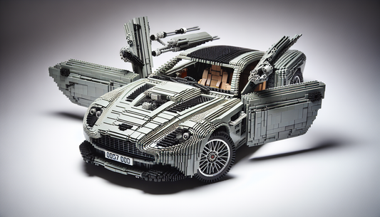 A miniature model of a distinctive, luxury sports car made entirely from interlocking plastic blocks. The build is complex, showcasing intricate details such as functioning pop-out spy gadgets, an eje
