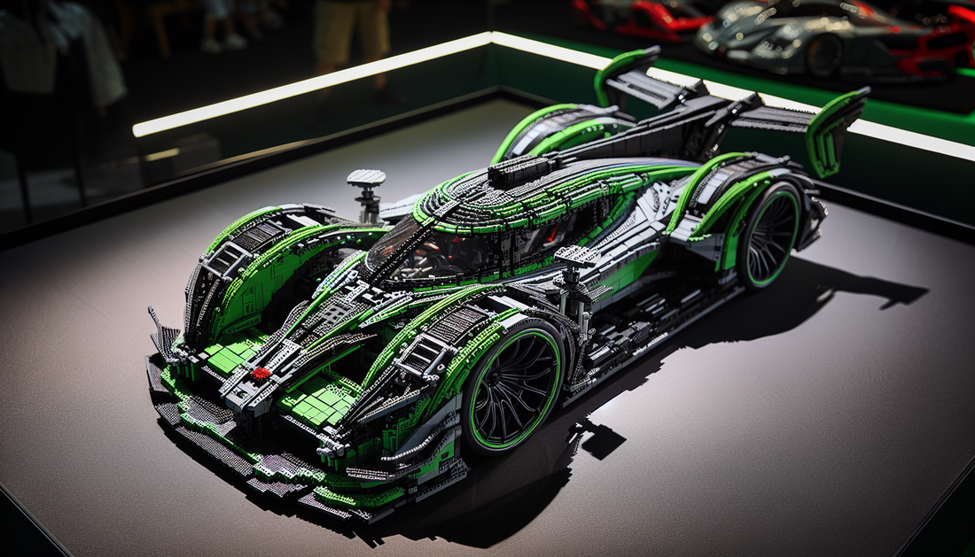 A brilliant display and composition of a miniature racing car, designed with plastic block elements reminiscent of the popular children's building toy. The car's design is inspired by a hypercar, boas