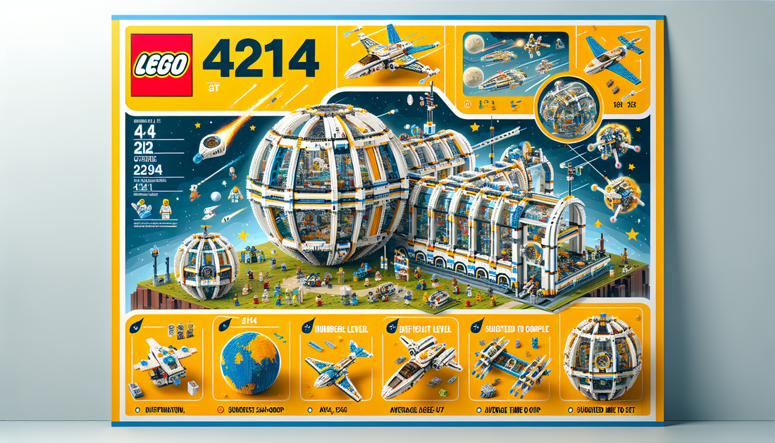 An educational banner showcasing the LEGO set 42143. The banner includes several key informational elements: viz., the number of blocks inside the set, difficulty level, suggested age-group, average t