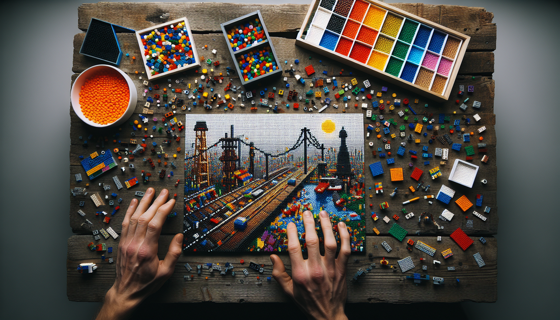 Display an image that showcases the boundless world of Lego Dots. The scene should be full of vibrant, colorful Lego Dots scattered around a rustic wooden table, ready to be used for creativity. Some 