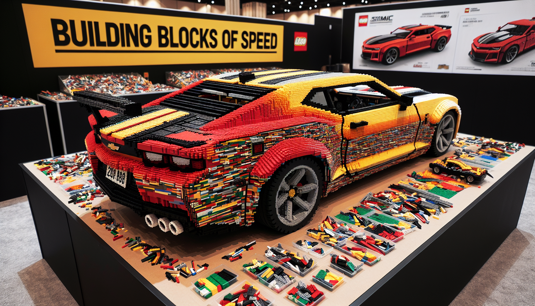 An intricately built Chevrolet Camaro Z28 made entirely out of colorful Lego bricks. The car is mid-construction, with pieces laid out around it in an organized manner. The setting of the construction