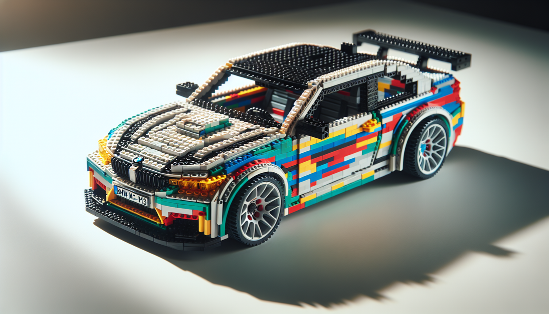 Constructing a detailed, miniature model of a popular German sports car, reminiscent of a real BMW M3, using brightly coloured plastic building blocks, more commonly known as Legos. The blocks should 