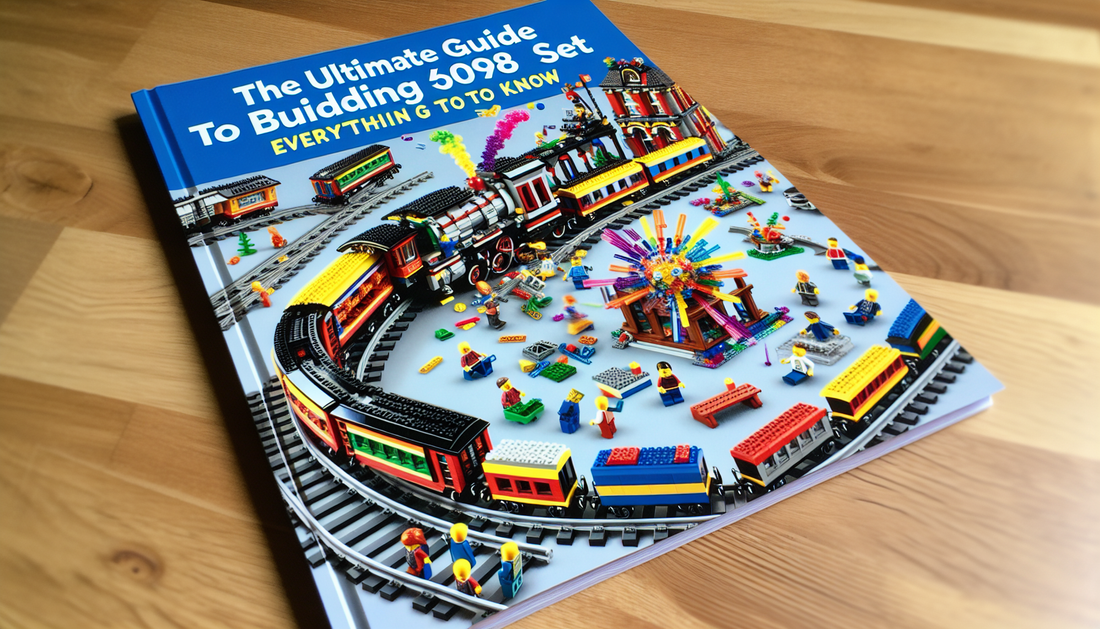An informative guidebook cover titled 'The Ultimate Guide to Building Set 60198: Everything You Need to Know'. The cover features a colorful illustration of a complex toy train set with multiple train