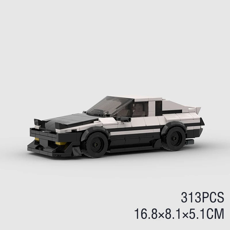 Driftbricks Toyota AE86 black and white brick model with pop-up style front