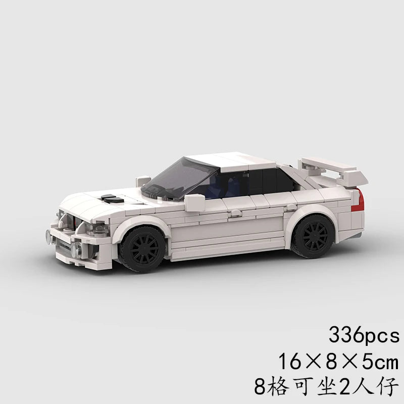 White Mitsubishi Lancer Evo VI LEGO-compatible classic rally brick car model from DriftBricks